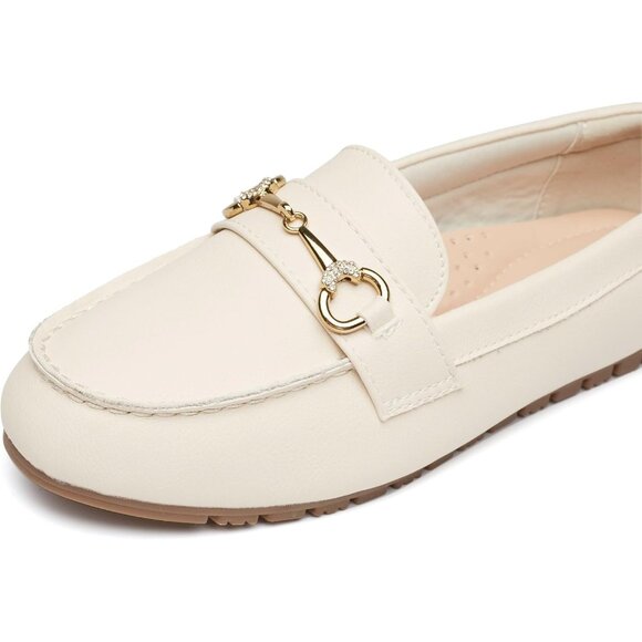 Women's Beige pu Faux Leather Arch Support Casual Slip on Comfort Penny Loafers - Picture 3 of 7